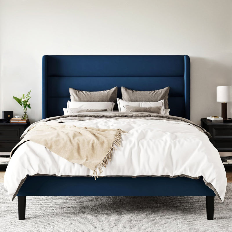 Velvet Platform Bed Frame with Vertical Tufted Wingback Headboard Under Bed Storage, No Box Spring Required