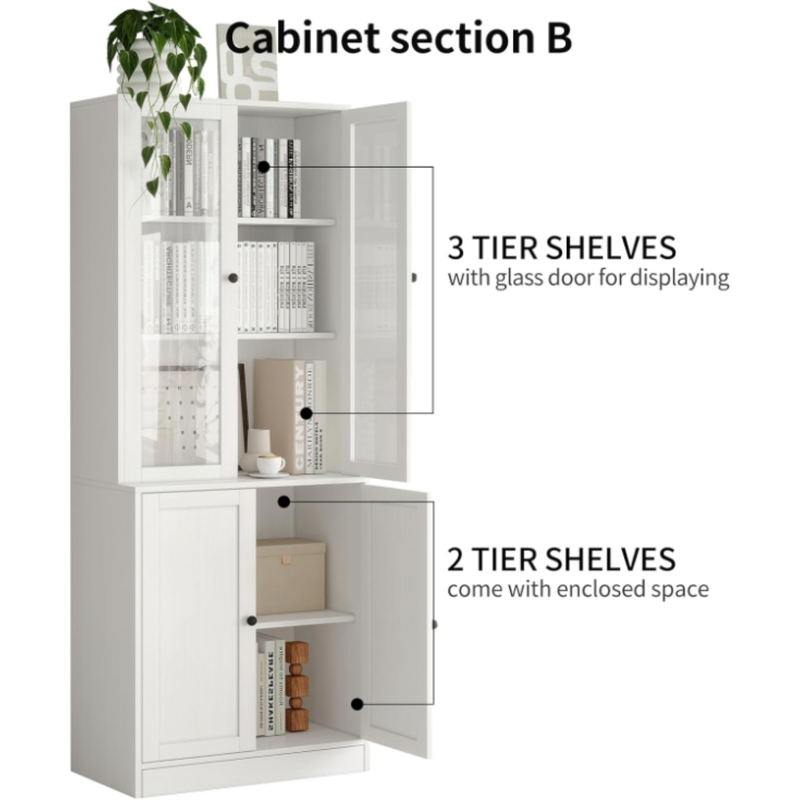 71-inch Bookshelf Bookcase, 5-layer Storage Cabinet with Glass Doors and Shelves