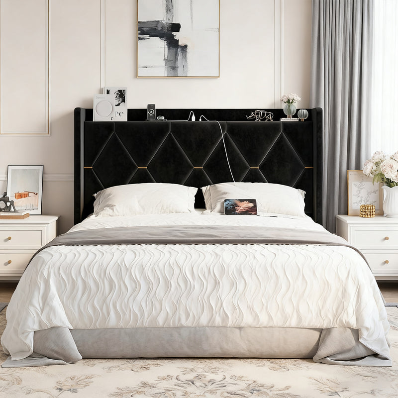 Tufted Velvet Upholstered Bed Frame with Charging Ports & Storage Headboard