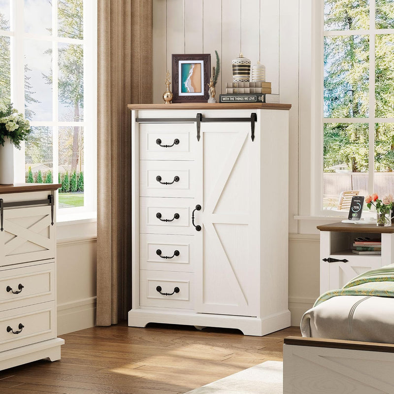 5 Drawer Dresser for Bedroom, 48" Tall Dresser Chest of Drawers, Dresser Storage Cabinet with Sliding Barn Doors