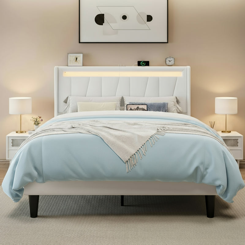 Velvet Upholstered Platform Bed Frame with Charging Station & Wingback LED Headboard,No Box Spring Needed