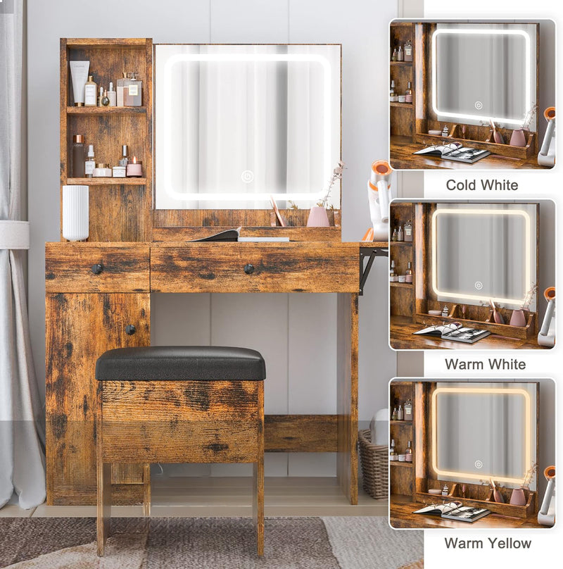 Vanity Desk with Drop Leaf, Power Outlet, LED Lighted Mirror and Storage Stool