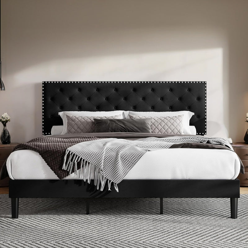 Velvet Upholstered Bed Frame with Adjustable Button Tufted Headboard, Slats Support, No Box Spring Needed