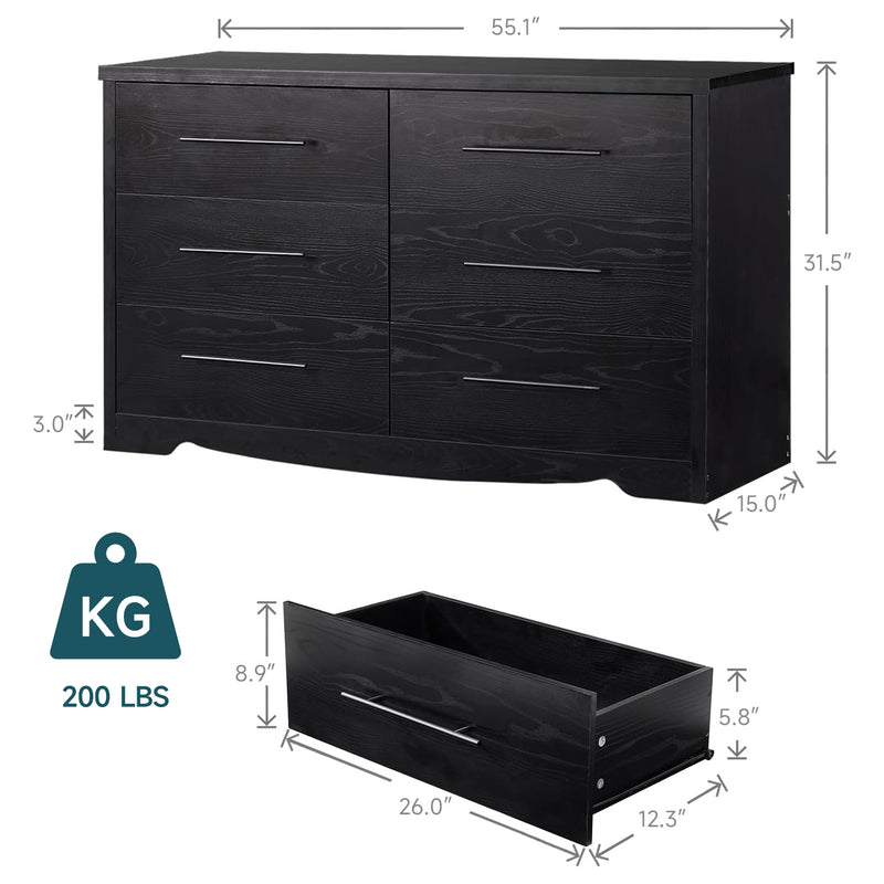 55" Dressers with 6 Drawer Dresser Chests of Drawers with Metal Handles, Black