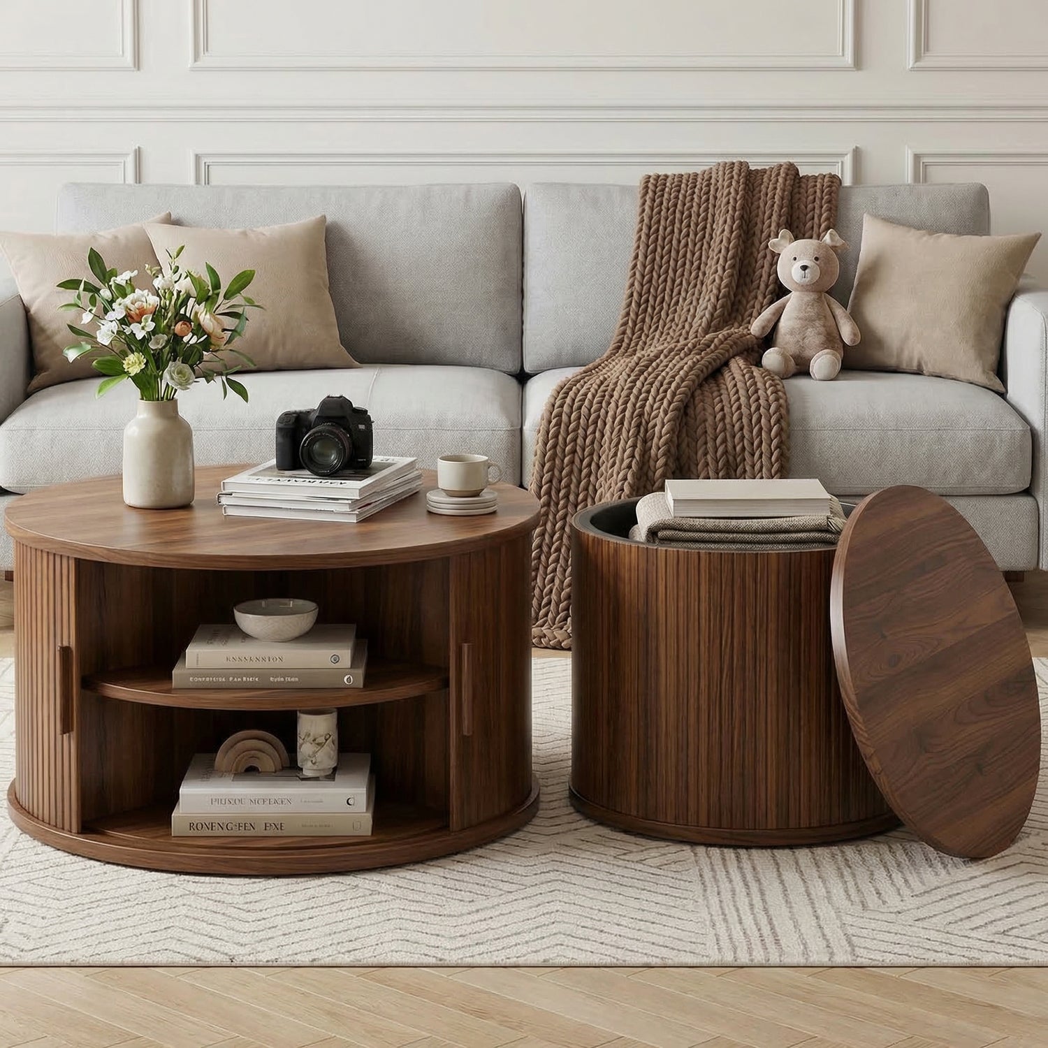 Round Coffee Table Set of 2 with Storage, Fluted Coffee Table and Side Table with Sliding Tambour Door