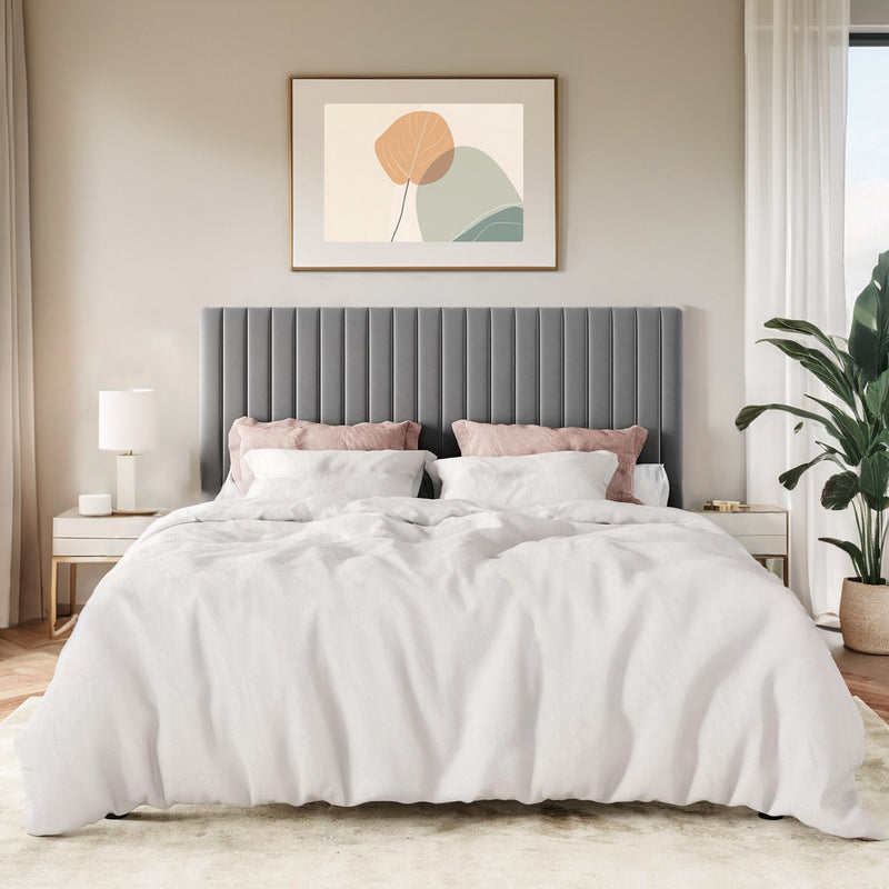 Velvet Upholstered Platform Bed Frame with Vertical Line Tufted Wingback Headboard, Strong Wooden Slats, and No Box Spring Needed