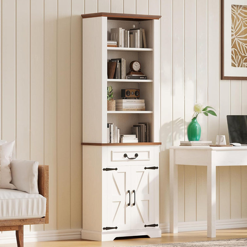 72" Bookshelf Sideboard with Storage Cabinet, Tall Farmhouse Bookcase 4 Tier Open Shelf Bookcase with Adjustable Shelves Drawer LED Lights