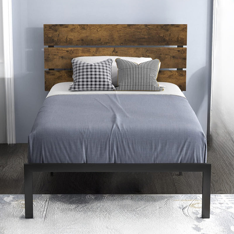 Twin Size Platform Bed Frame with Wooden Headboard and Metal Slats