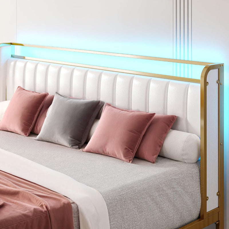 Upholstered Bed Frame with RGB Light, Drawers, No Box Spring Needed, No Noise