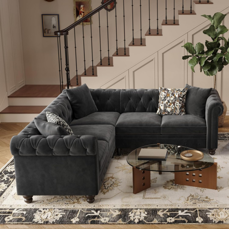 Chesterfield L-Shaped Sectional Sofa, Velvet 5 Seater Counch with 3 Throw Pillows, Tufted Corner Couch with Rolled Armrest