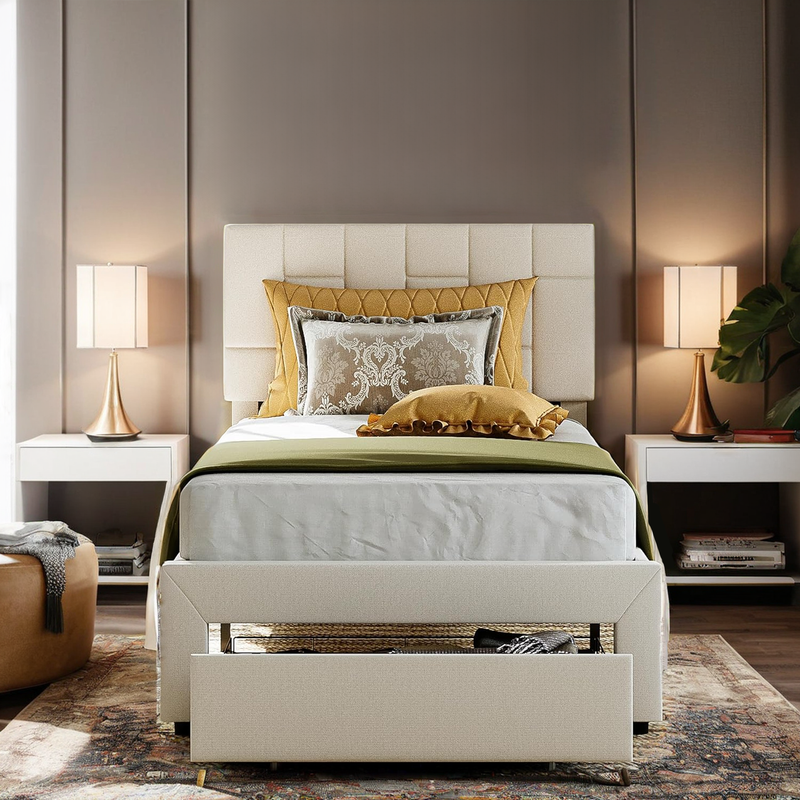 Twin Bed Frame Platform Upholstered Bed Frame with XL Under-Bed Drawer, No Box Spring Needed