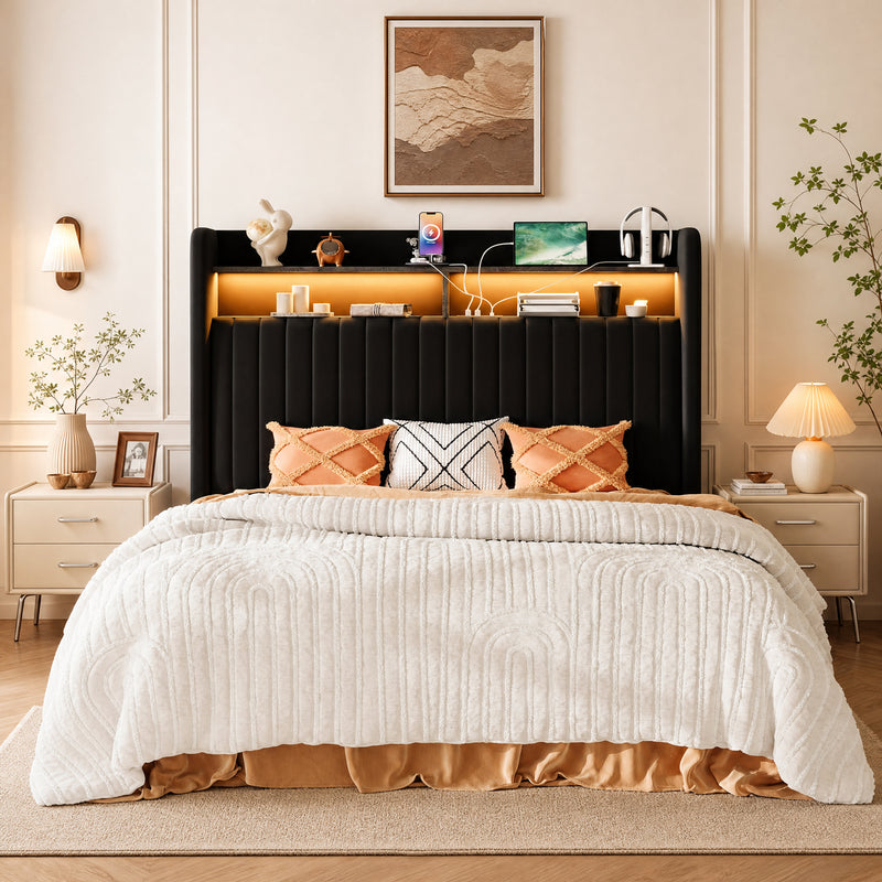 Lift Up Storage Bed Frame with Charging Station & LED Lights, Upholste ...
