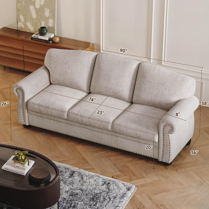 90 Inch 3 Seater Sofa Nailhead Trim Farmhouse Couches with Rolled Arm, 23" Deep Seat