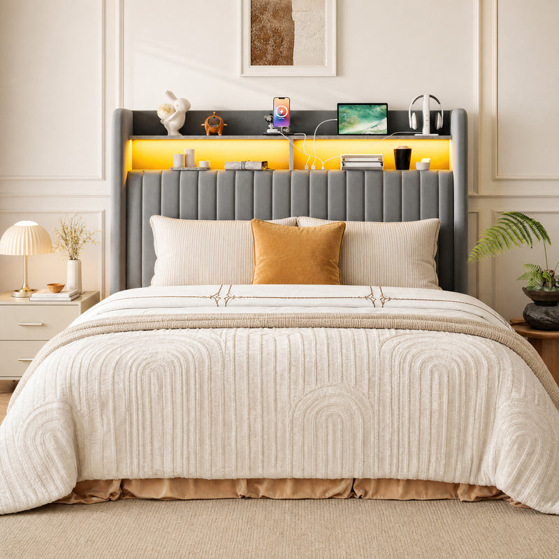 Lift Up Storage Bed Frame with Charging Station & LED Lights, Upholste ...
