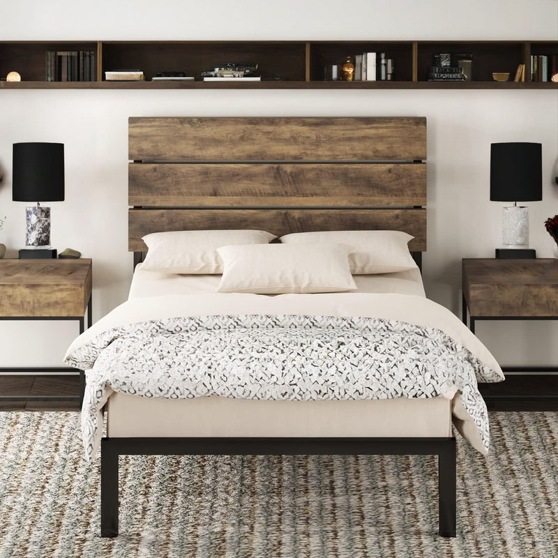 Platform Bed Frame with Wooden Headboard and Metal Slats, Queen/Full