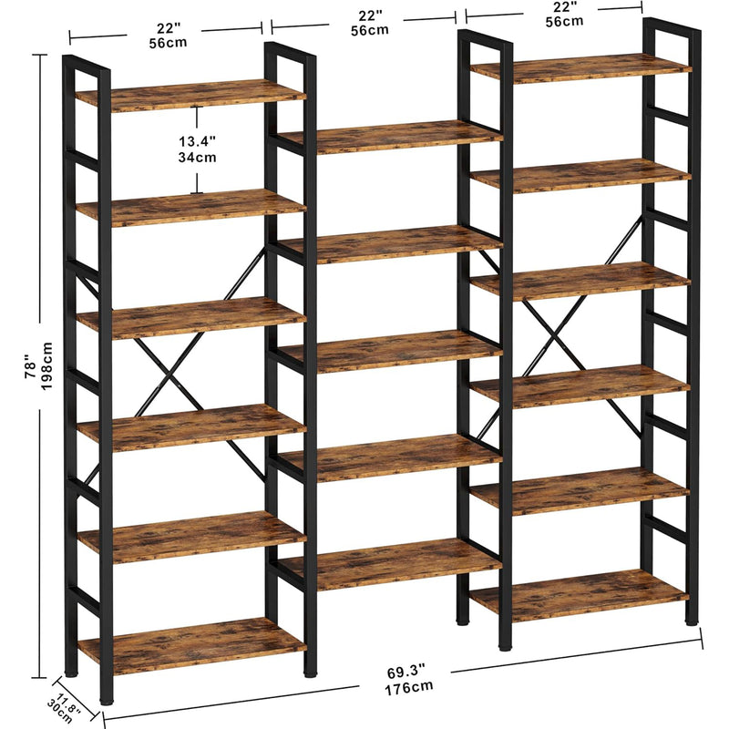 Triple Wide 6 Tiers Industrial Bookshelf, Large Etagere Bookcases and Bookshelves Open Display Shelves with Metal Frame