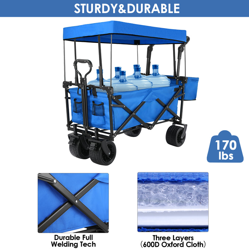 Folding Wagon All-Terrain Wheels Camping Cart with Canopy and Basket