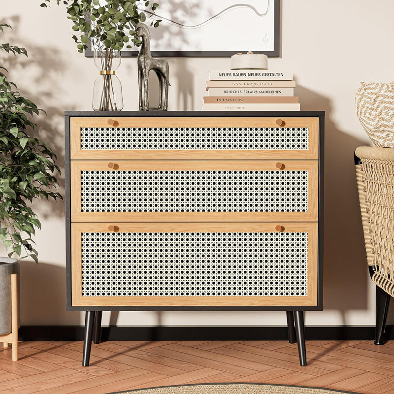 Ohwill Rattan Dresser Wood Natural Storage with 3 Drawers