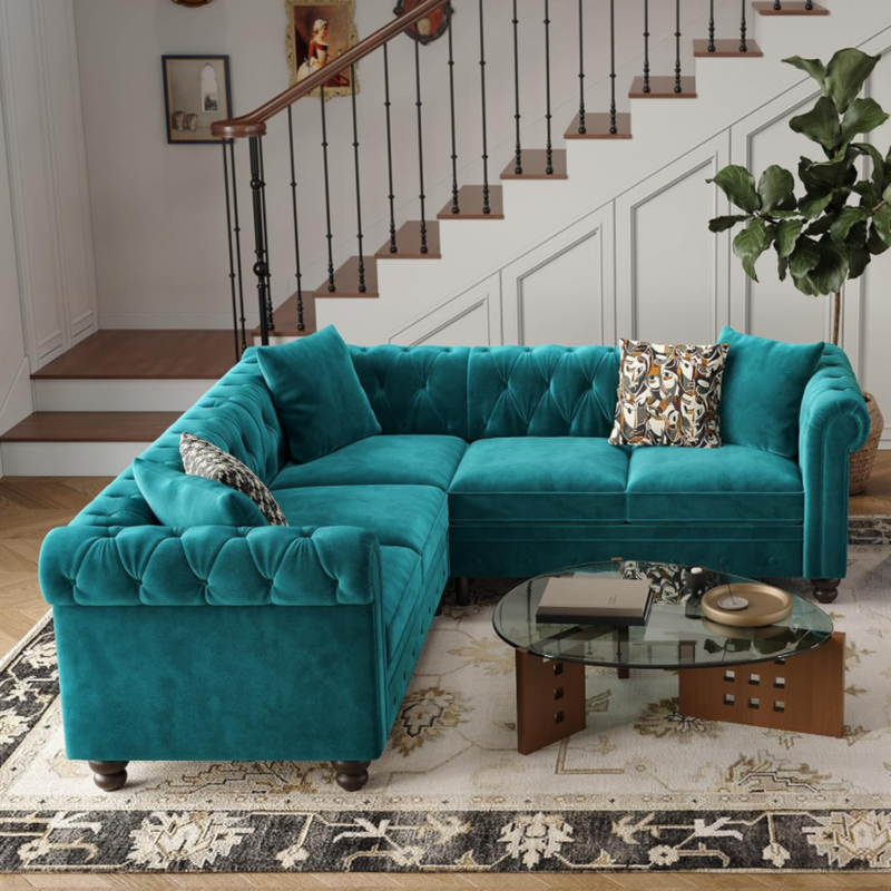 Chesterfield L-Shaped Sectional Sofa, Velvet 5 Seater Counch with 3 Throw Pillows, Tufted Corner Couch with Rolled Armrest