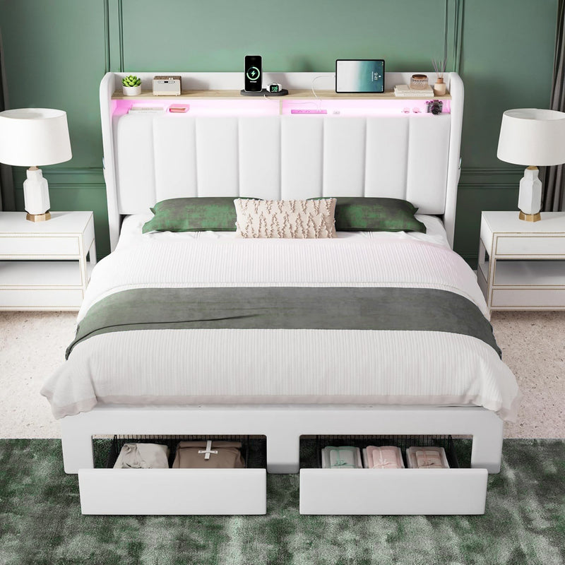 Velvet Upholstered Platform Bed Frame with LED Headboard, Storage Drawers & Charging Ports, No Box Spring Needed