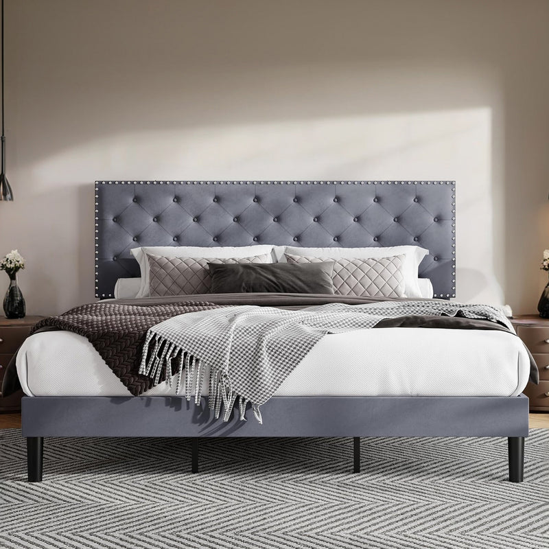 Velvet Upholstered Bed Frame with Adjustable Button Tufted Headboard, Slats Support, No Box Spring Needed