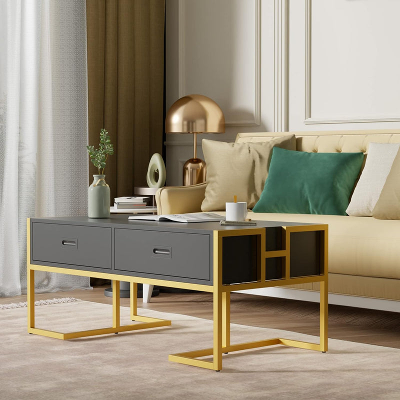 42.5 inch Rectangle Coffee Table Modern Living Room Table with Gold Base and Storage Drawers