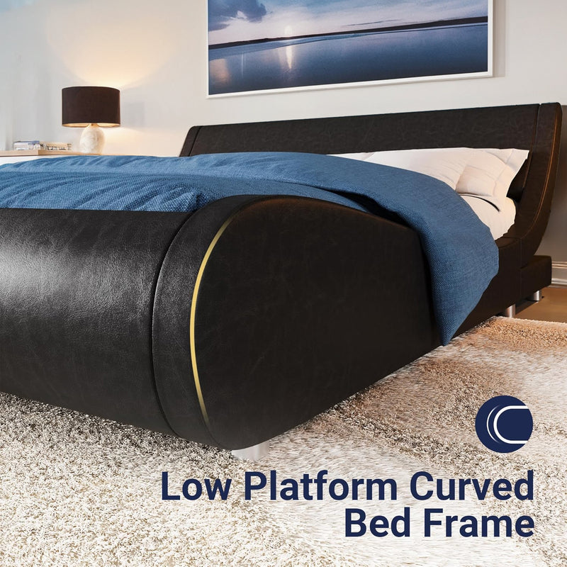 Upholstered Platform Bed Frame Modern Low Profile Sleigh Bed with Faux Leather Adjustable Headboard, Wood Slat Support, Ergonomic Bed Frame