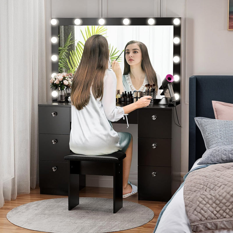 44 inch Makeup Vanity Desk with Lighted Mirror, Power Outlet, 7 Drawers, 3 Brightness