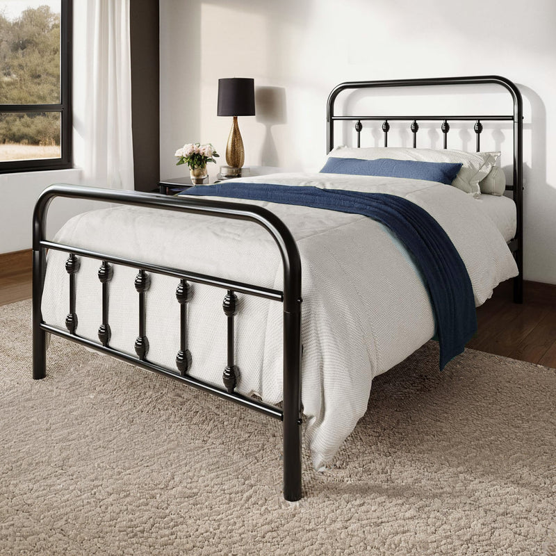 Twin Size Metal Platform Bed Frame with Victorian Style Iron-Art Headboard Mattress Foundation Under Bed Storage