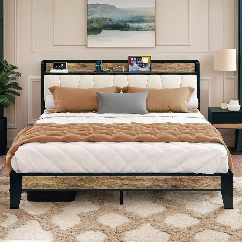 Upholstered Bed Frame Bed Frame, Storage Headboard with Charging Station, No Box Spring Needed