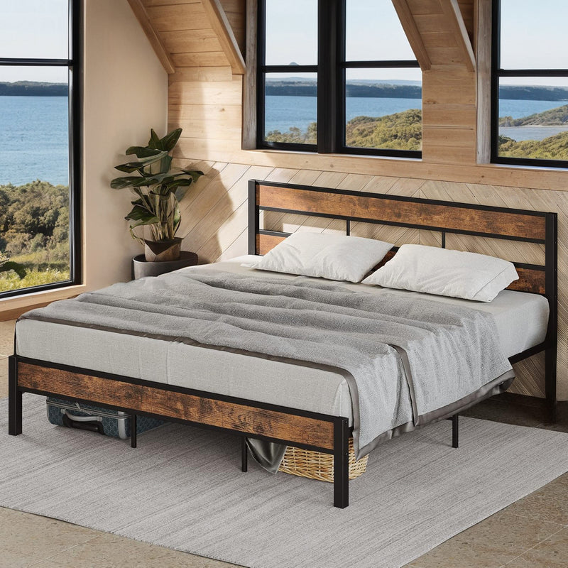 King Size Platform Bed Frame with Headboard, Queen/King Size, No Box Spring Required