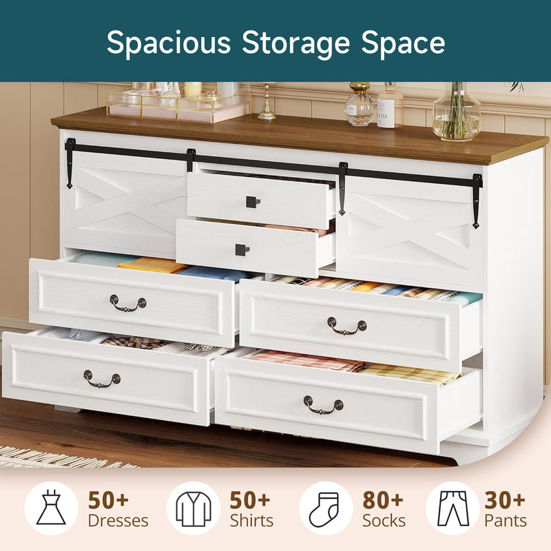 Farmhouse 6 Drawers Dresser, 55.1" Large Drawers, Wooden Chest of Drawers with Sliding Barn Door