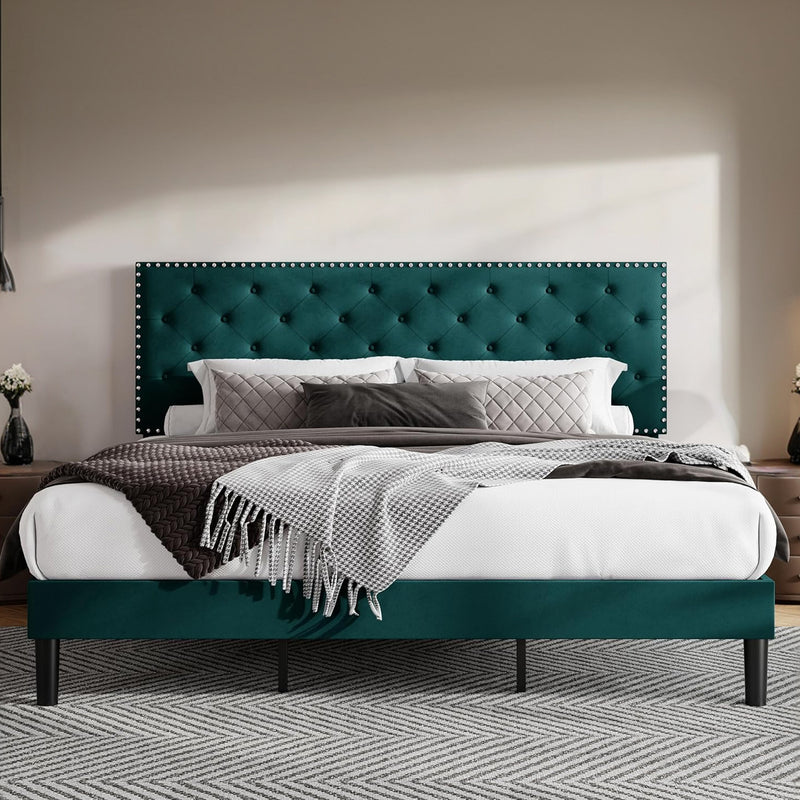 Velvet Upholstered Bed Frame with Adjustable Button Tufted Headboard, Slats Support, No Box Spring Needed