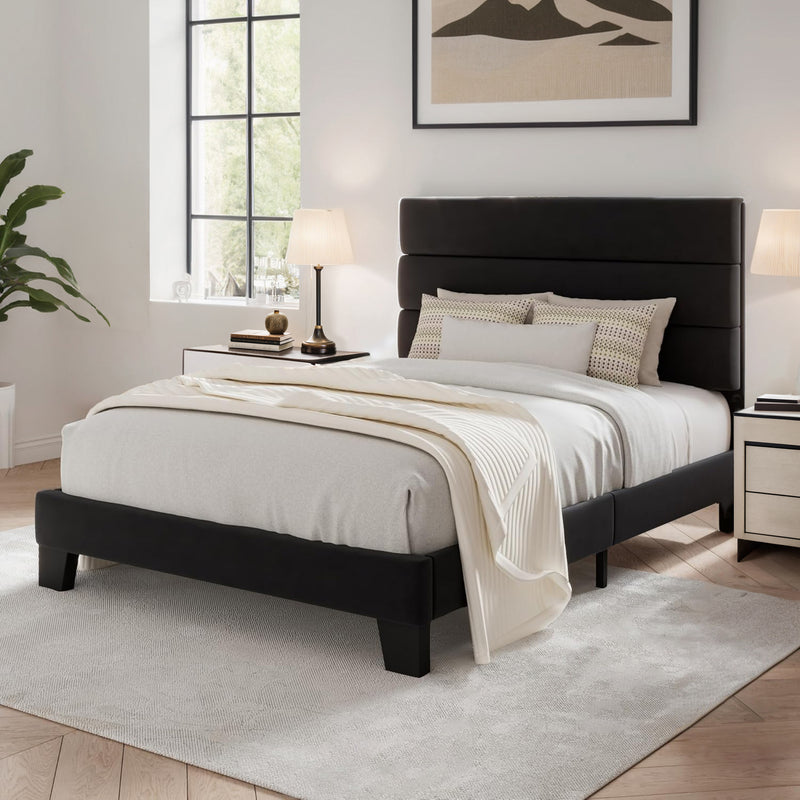 Twin Size Velvet Bed Frame Platform Bed Frame with Velvet Upholstered Headboard and Wooden Slats Support, Fully Upholstered Mattress Foundation