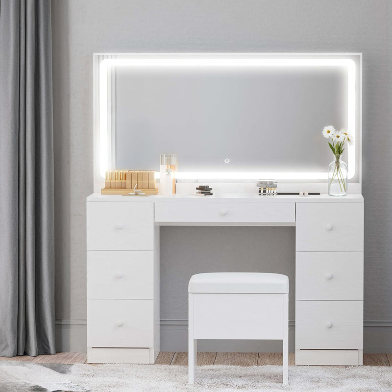 Makeup Vanity Dressing Desk Set with LED Lighted Mirror & Power Outlet, 7 Drawers