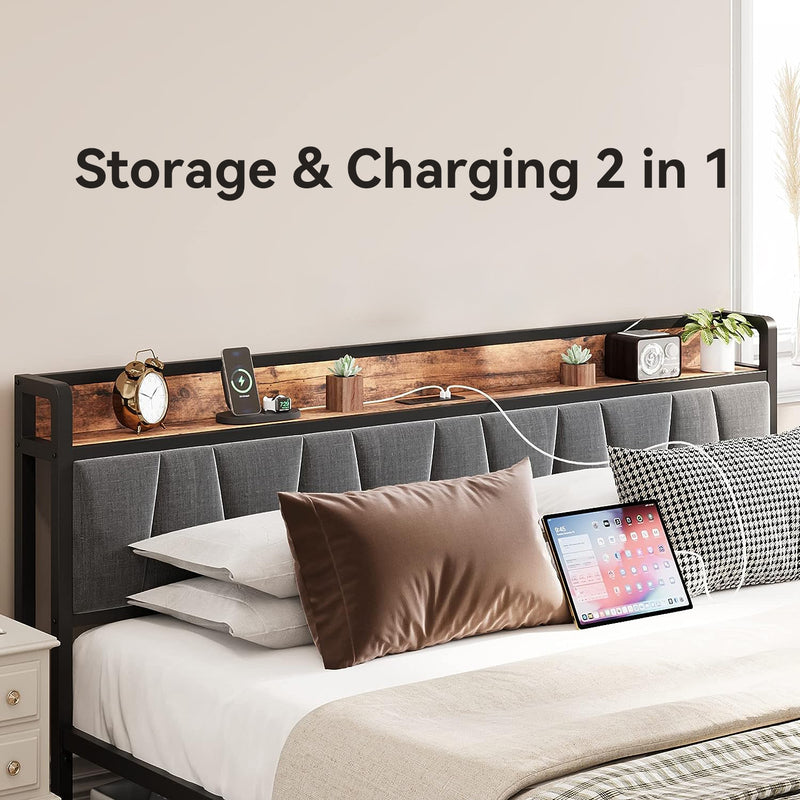 Platform Bed Frame with Storage Headboard, Charging Station and Drawers