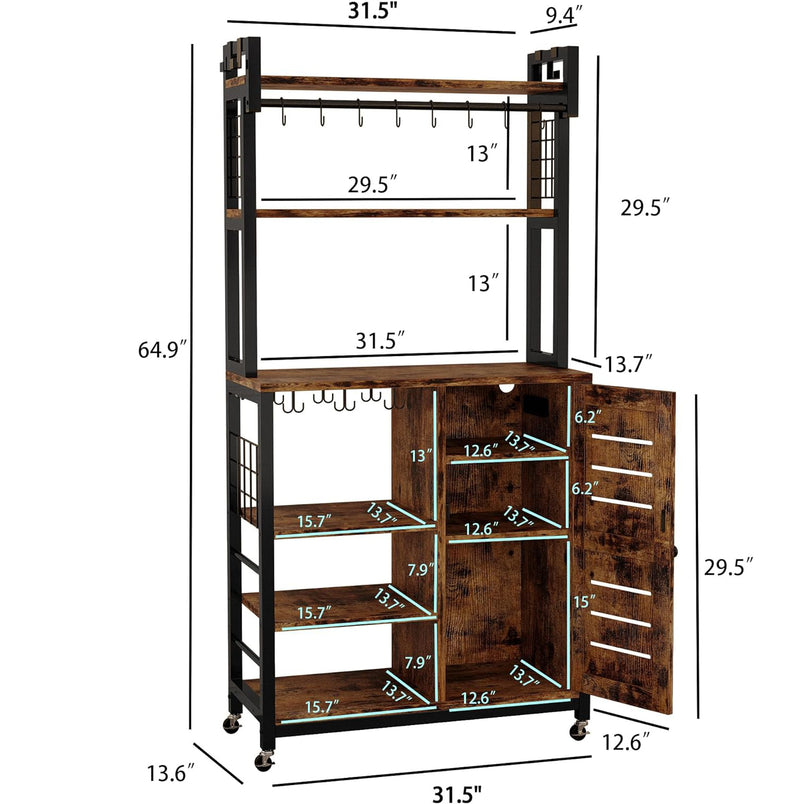 Bakers Rack Microwave Stand Coffee Station Kitchen Storage with Power Outlets, Wheels & Feet, Cabinets, and 10 S-Hooks