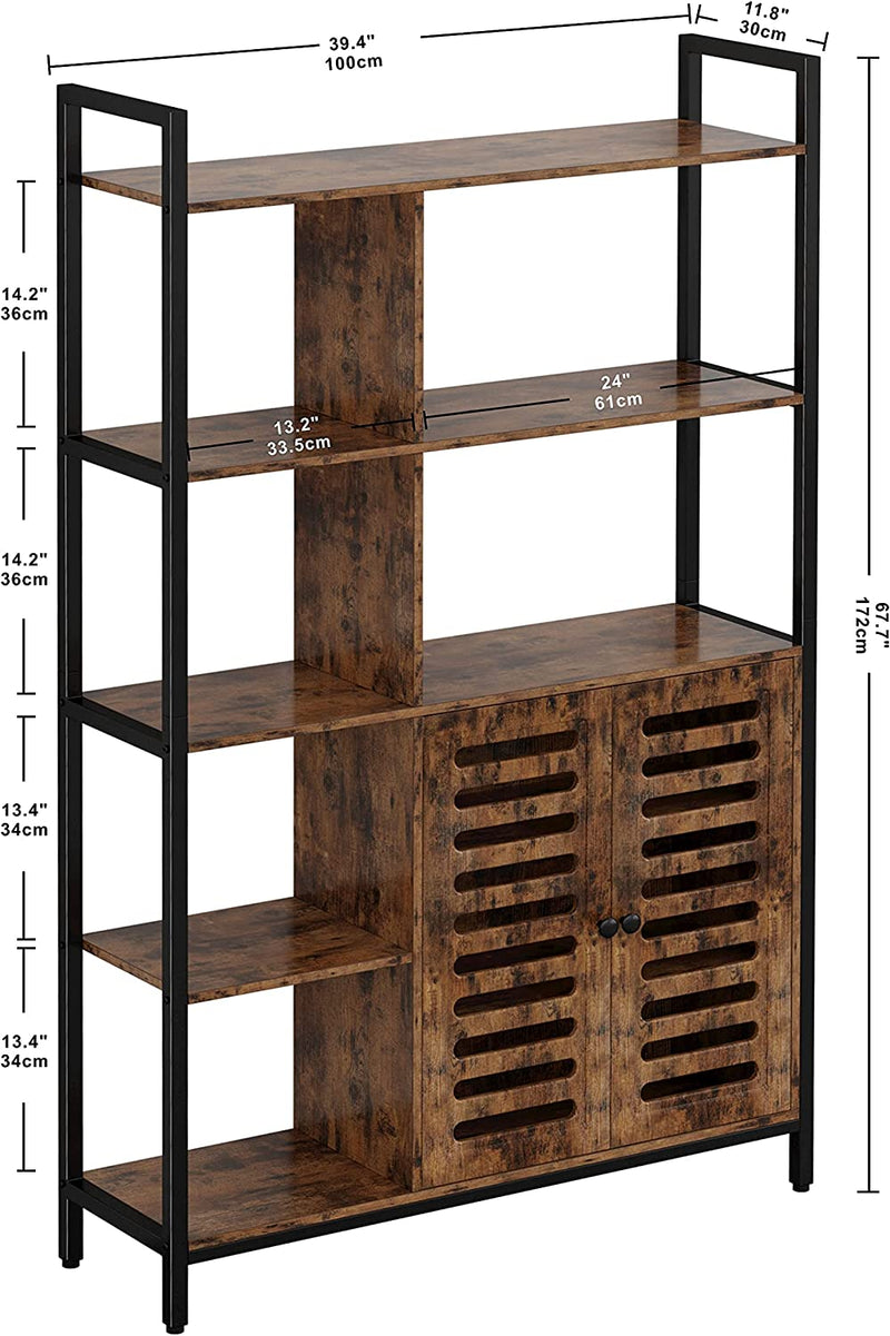 Industrial 5 Tier Bookshelf with Doors Wooden Display Shelf Bookcases and Bookshelves, Vintage Brown