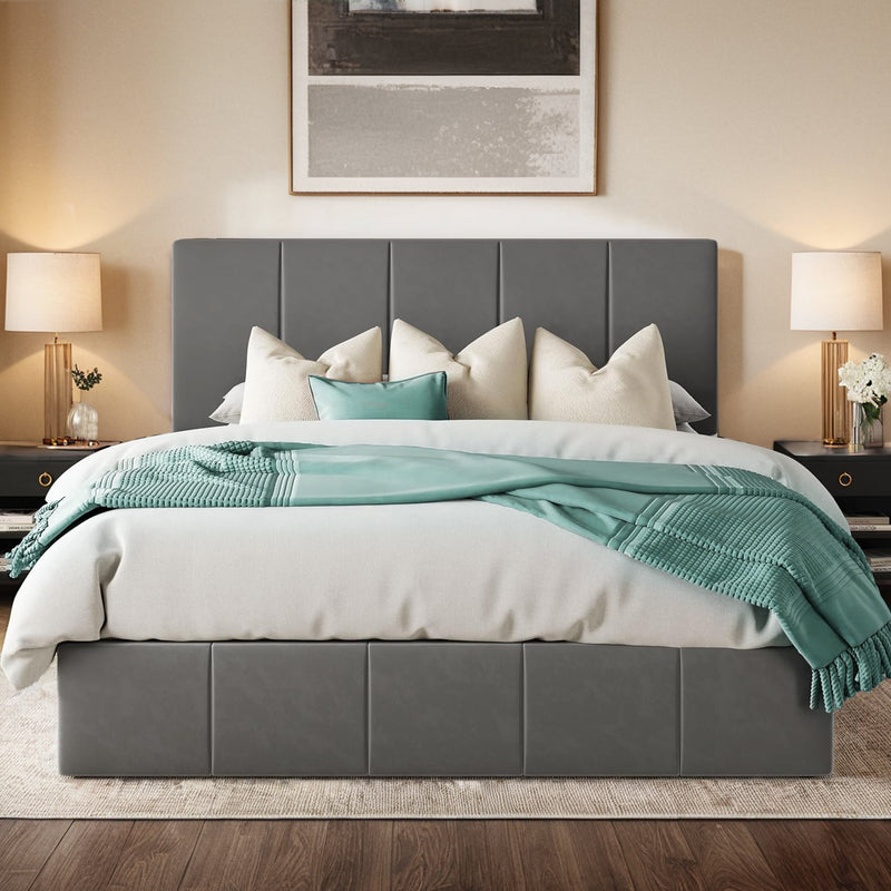 Upholstered Platform Bed Velvet Lift Up Storage Bed Frame with Vertical Channel Tufted Headboard, Hydrualic Underneath Storage, Wooden Slats Support