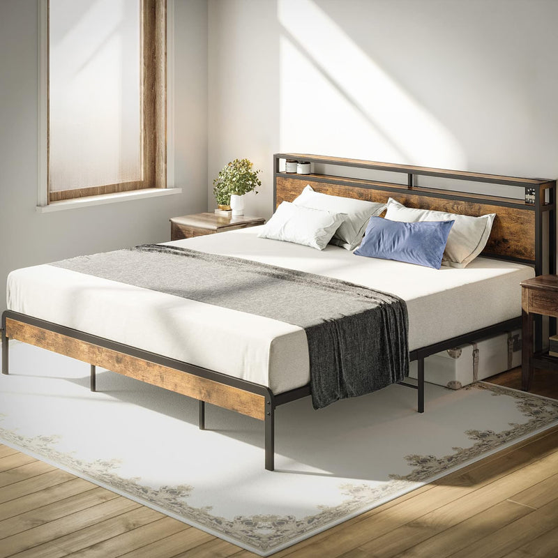 Bed Frame with 2 Tier Storage Headboard, Queen/King Size Bed Frame, Vintage Brown, No Box Spring Required
