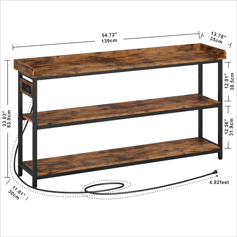 55" Console Table Height Adjustable with Power Outlet, for Entryway Living Room, Rustic Brown