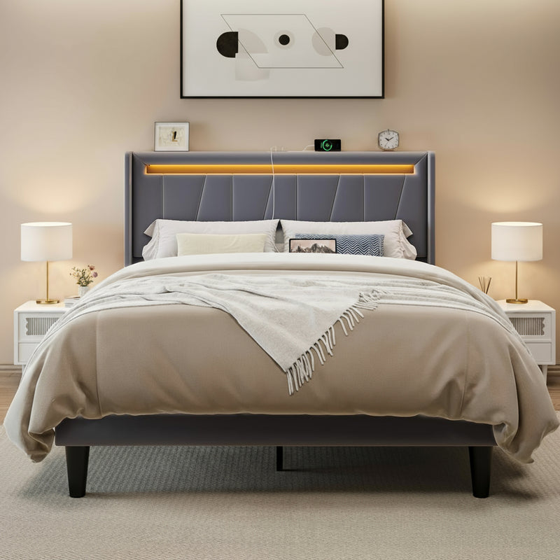 Grey Velvet Upholstered Platform Bed Frame - King Size