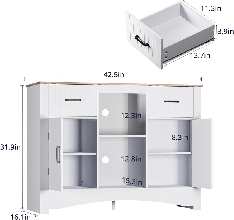 Buffet Storage Cabinet 42.5 inches Kitchen Buffet Table Sideboard with Adjustable Shelves, Accent Coffee Bar Cabinet