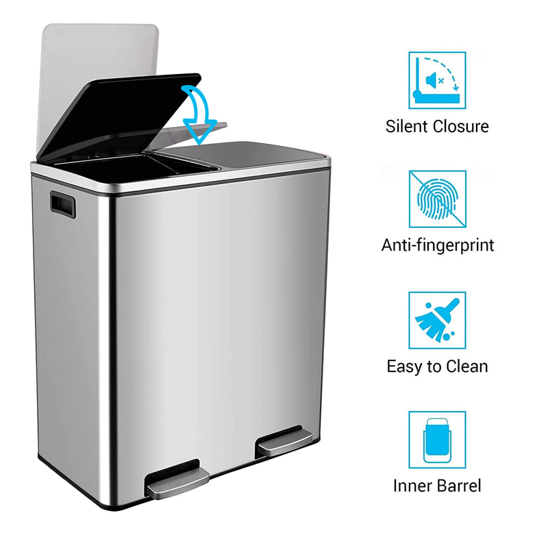 Dual Trash Can 16 Gal (60L) Stainless Steel Large Kitchen Rubbish Bin  with Removable Inner Buckets