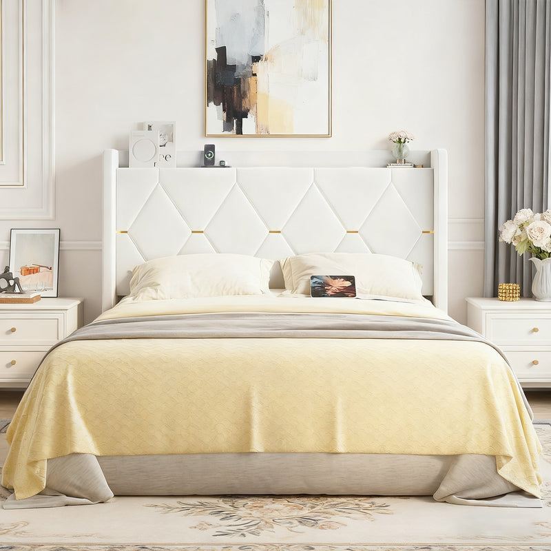 Tufted Velvet Upholstered Bed Frame with Charging Ports & Storage Headboard