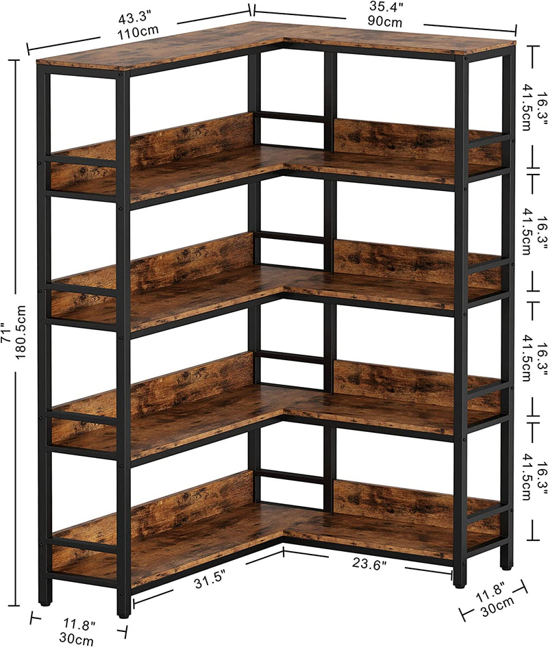 Corner Bookshelf 5 Tiers Industrial Bookcases with Baffles Etagere Shelf Storage Rack with Metal Frame