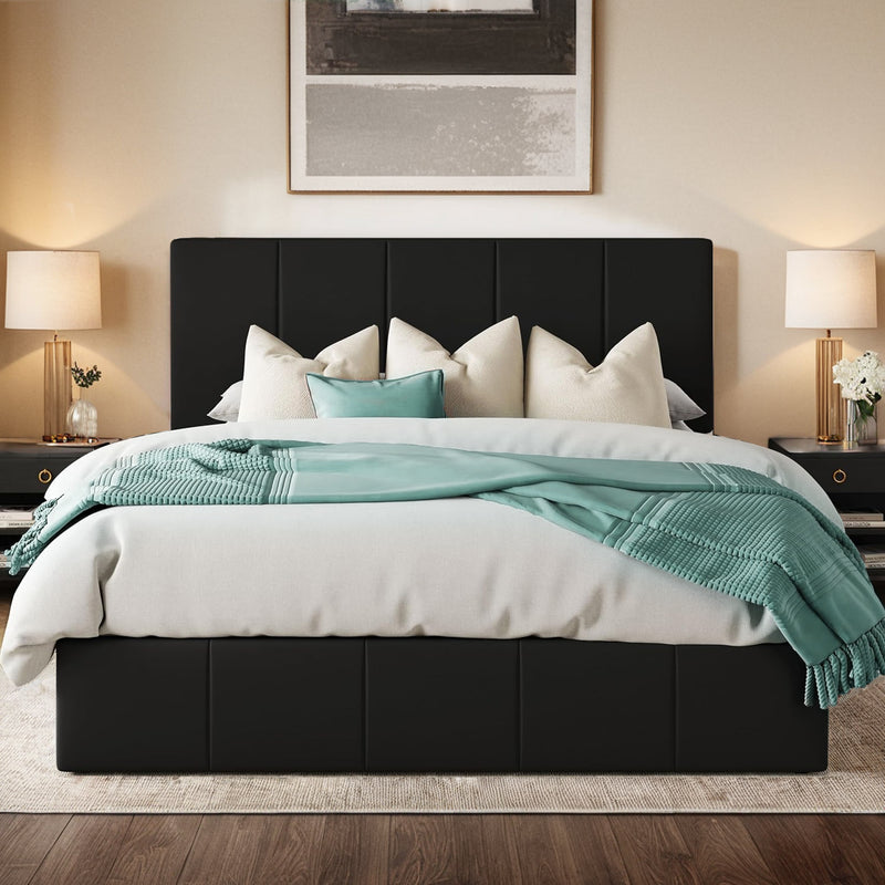 Upholstered Platform Bed Velvet Lift Up Storage Bed Frame with Vertical Channel Tufted Headboard, Hydrualic Underneath Storage, Wooden Slats Support