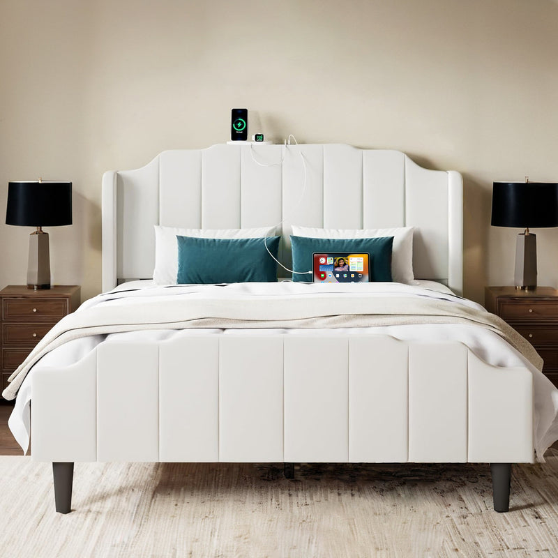 Velvet Bed Frame with Curved Vertical Tufted Wingback Headboard and Footboard, Charging Station Under Bed Storage