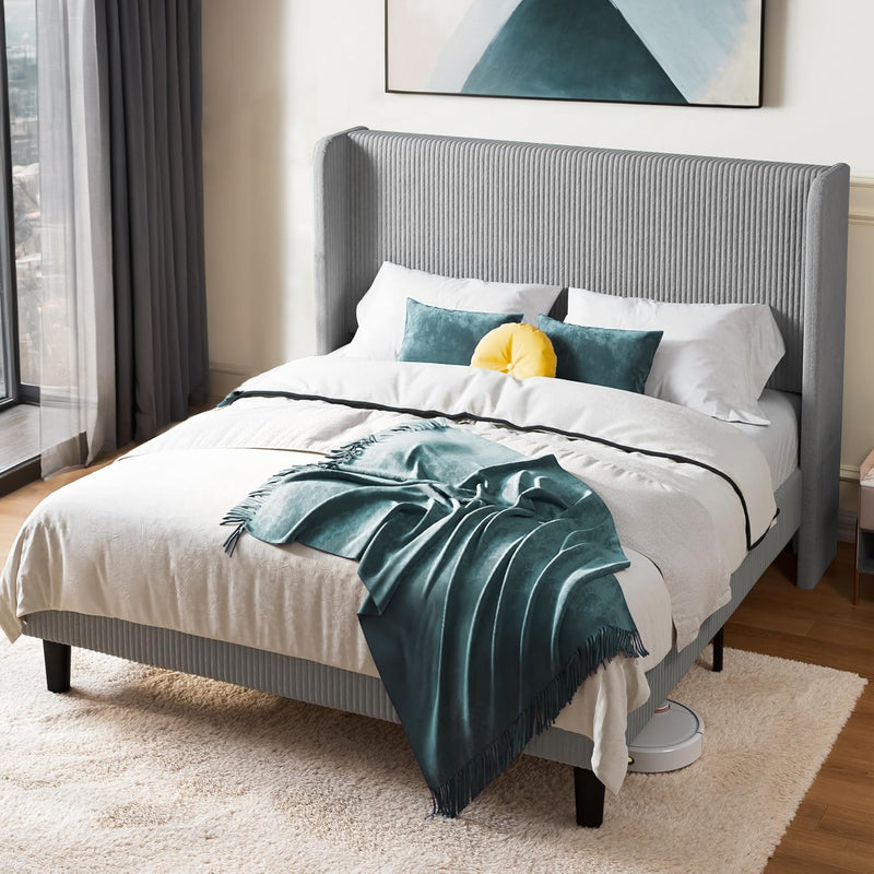 Close view of grey corduroy bed frame showing vertical ribbed texture and sturdy construction.