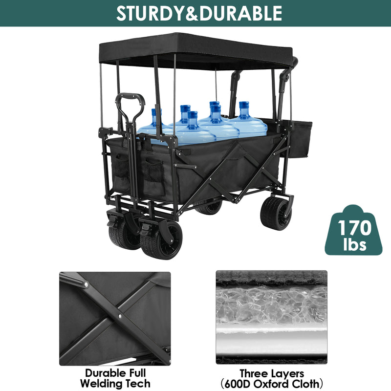 Folding Wagon All-Terrain Wheels Camping Cart with Canopy and Basket